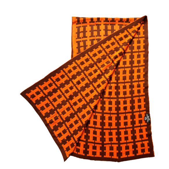 HERMÈS Iconic Brown & Orange Reversibile H Print Wool Scarf Pre-owned - Picture 6 of 16